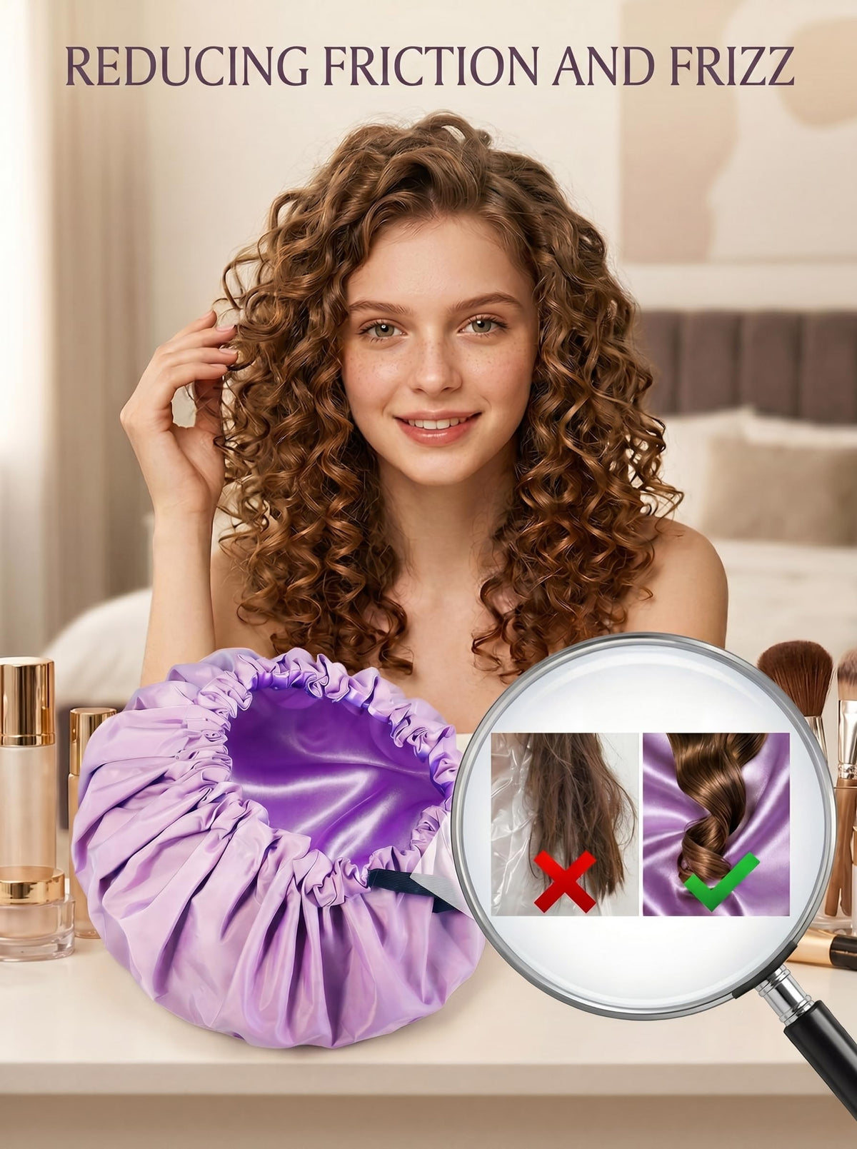 Aquior cap worn over braids illustrating roomy protection for braided styles benefit