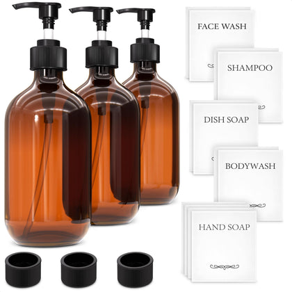 Aquue amber set front packaging showing three 16 oz bottles and pumps for organized dispensing