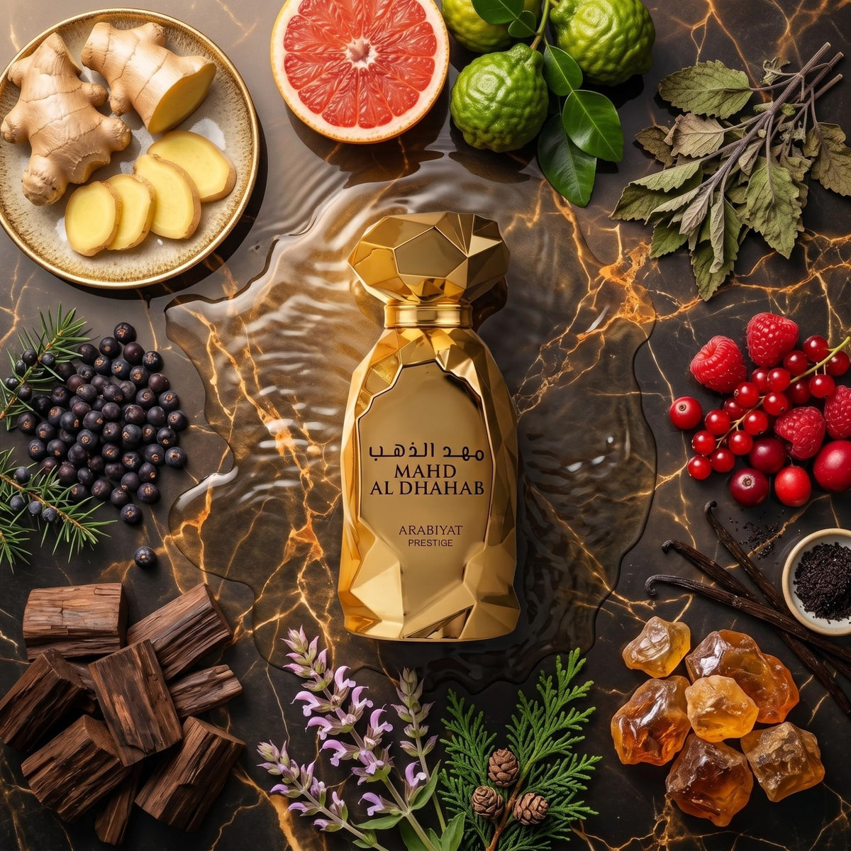 ARABIYAT Mahd Al Dahab being sprayed, illustrating instant citrus freshness on application