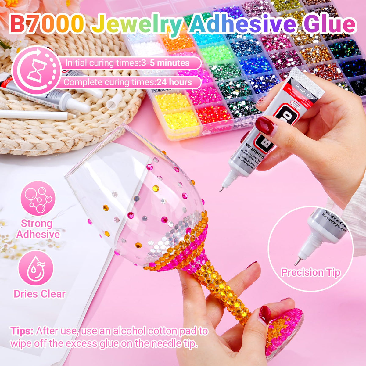 AraKulago layout of tweezer, pickup pen, scoop and three 15ml B7000 glue tubes for precise application