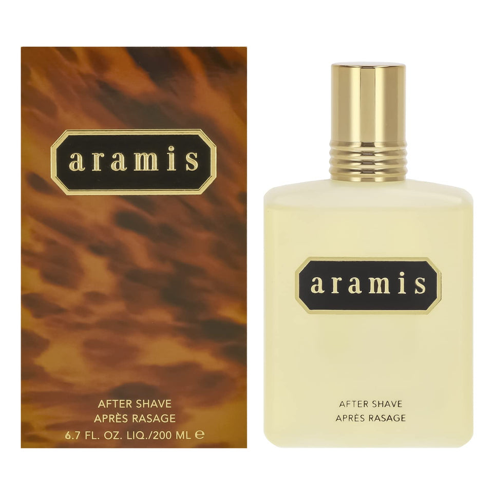 ARAMIS front bottle view showing woody leather scent and refined grooming benefit
