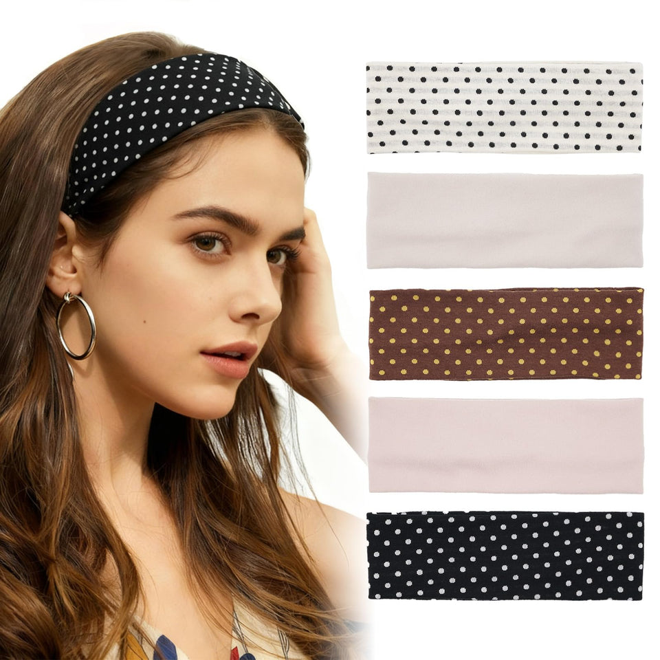 Aranya front packaging showing five polka dot headbands and easy styling