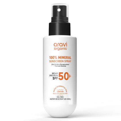 Aravi Organic front packaging showing SPF 50 and lightweight benefit