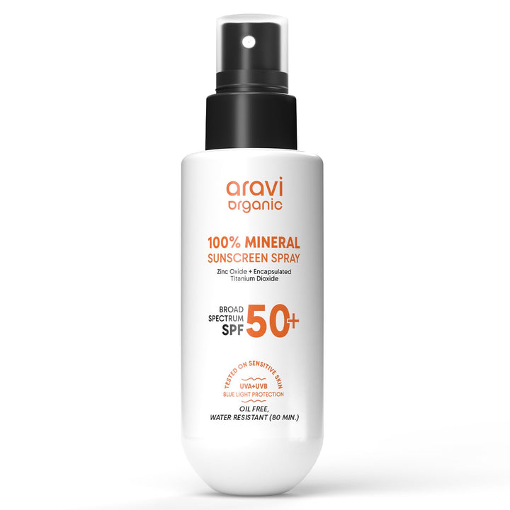 Aravi Organic front packaging showing SPF 50 and lightweight benefit