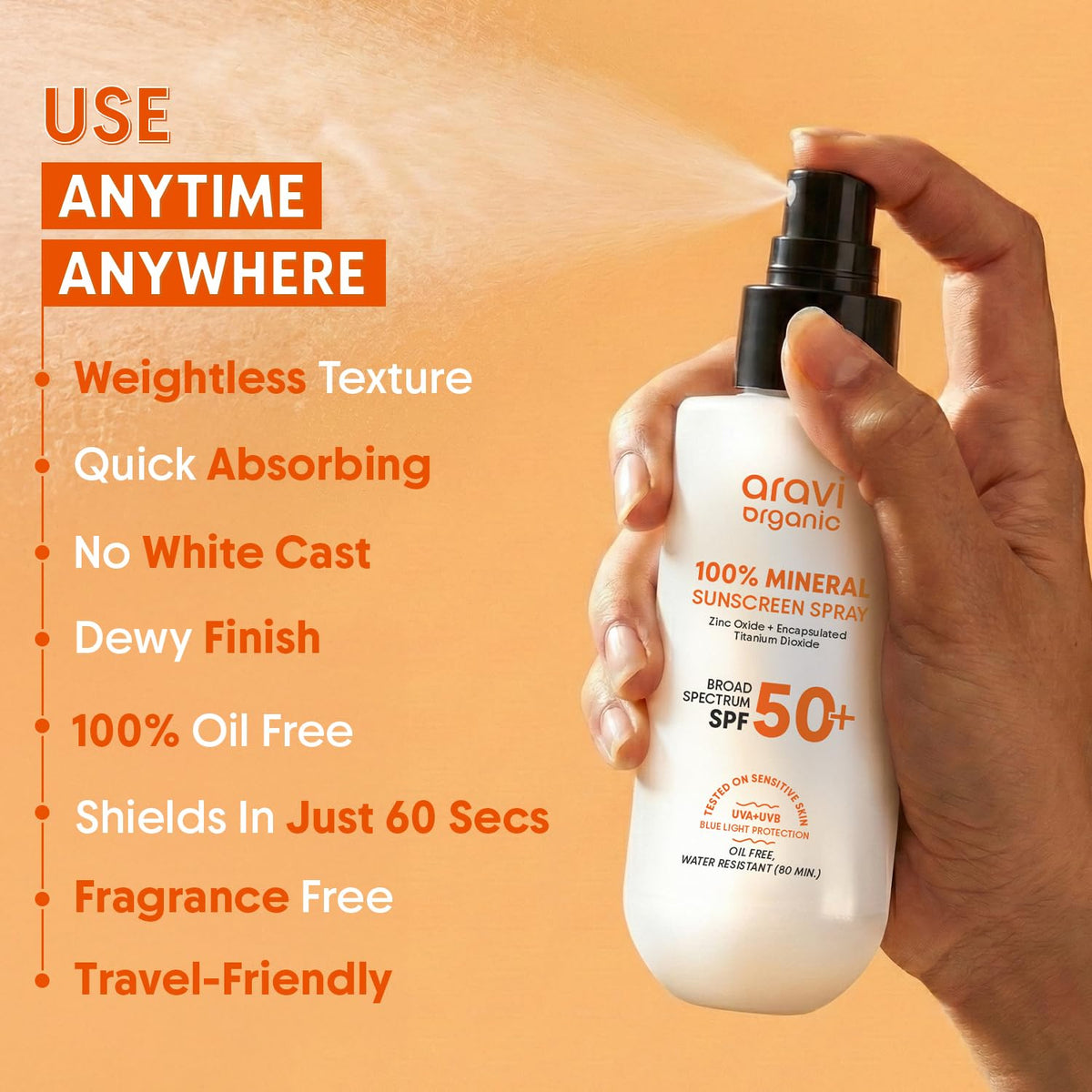 Aravi Organic label highlighting niacinamide and hyaluronic acid benefits