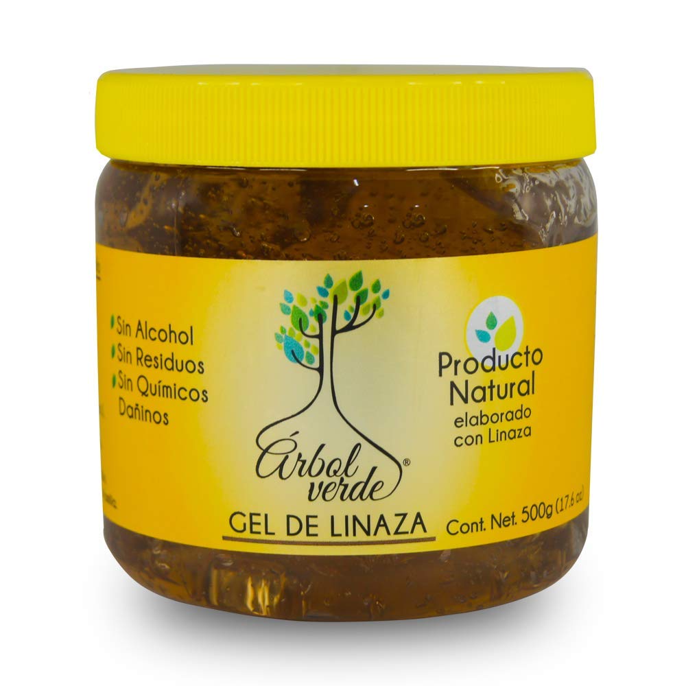 Arbol Verde linseed hair gel front jar showing label and 17.6 oz size, clear benefit
