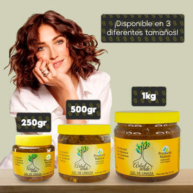 Arbol Verde linseed jar next to a comb showing 17.6 oz scale and easy daily use