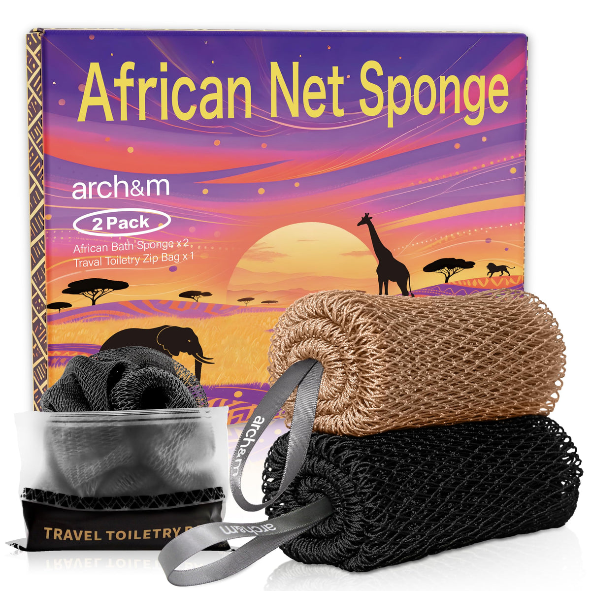 ARCH&M front packaging showing two African net sponges and travel bag, clear product overview
