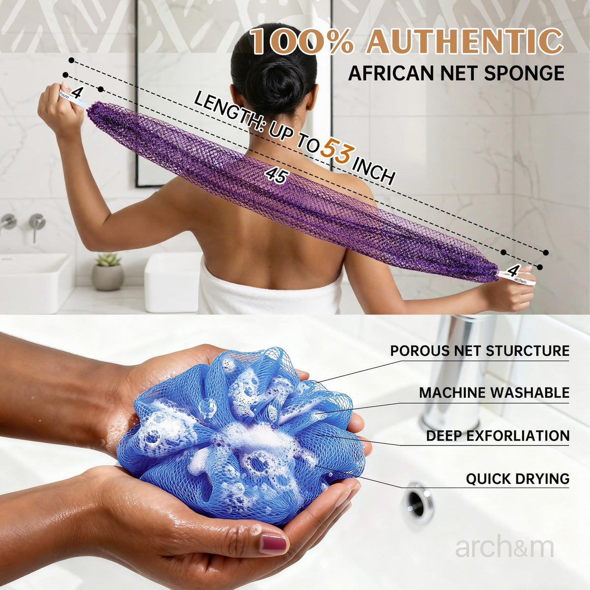 ARCH&M 53-inch back scrubber stretched to show full length and reach for easy use