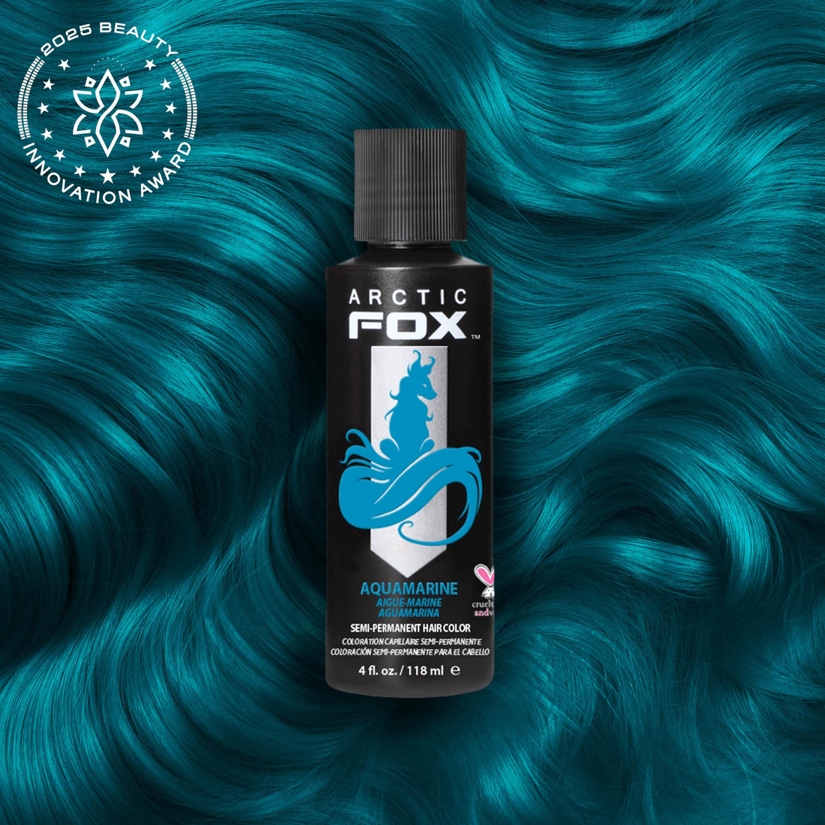 ARCTIC FOX swatch on light blonde hair showing vivid aquamarine payoff