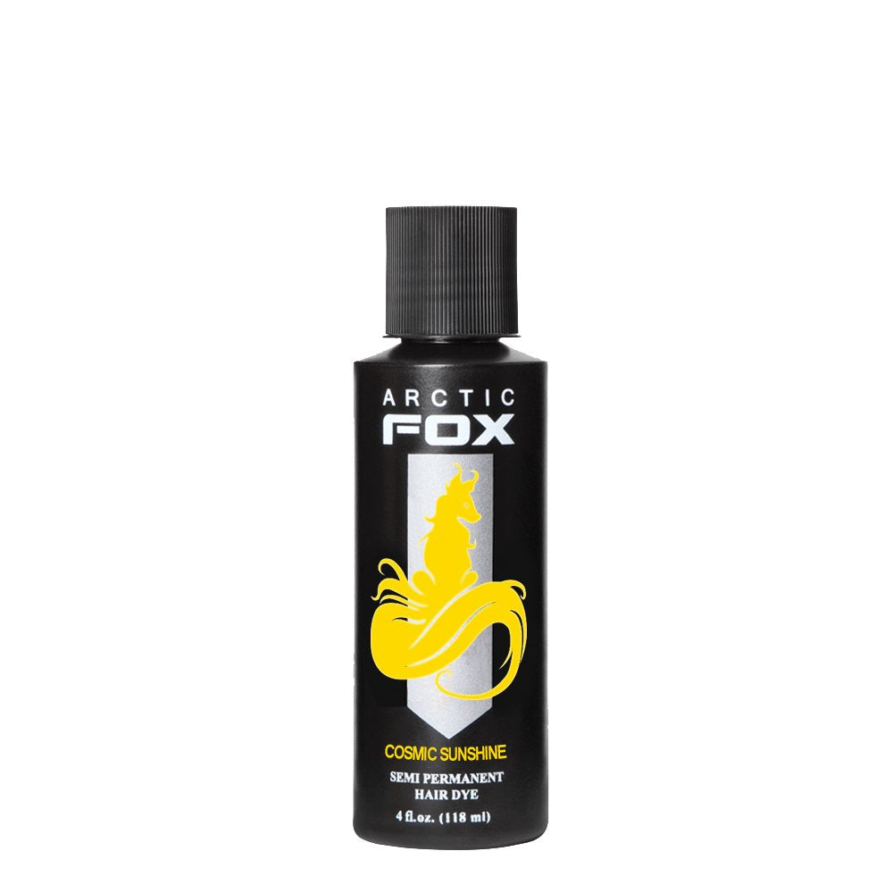 ARCTIC FOX front jar shot showing bright yellow cosmetic packaging and clear shade.