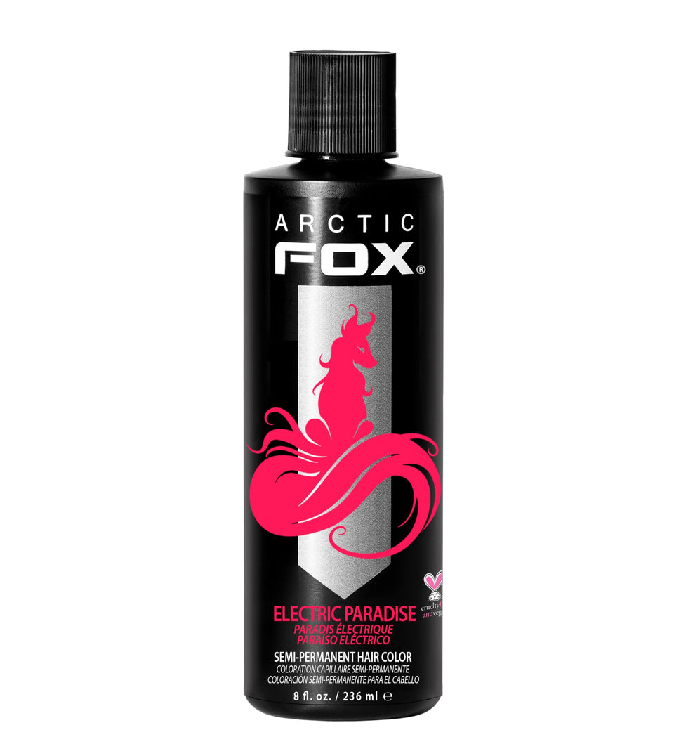 ARCTIC FOX jar front view showing ELECTRIC PARADISE neon pink and label benefits