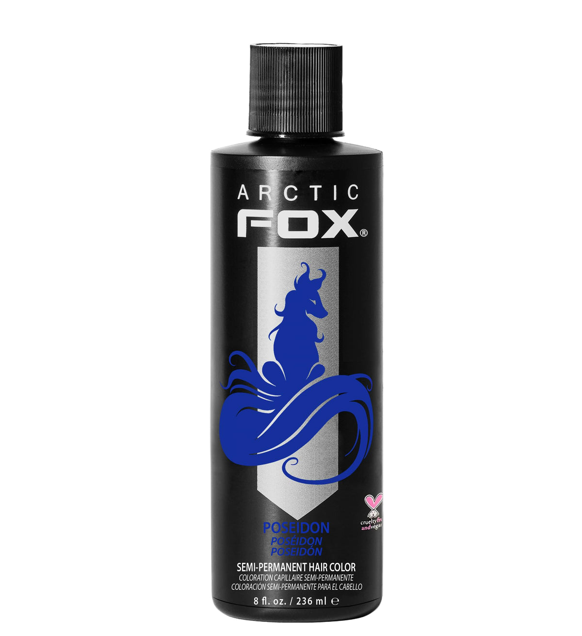 ARCTIC FOX POSEIDON front bottle showing true blue pigment and clear label benefit