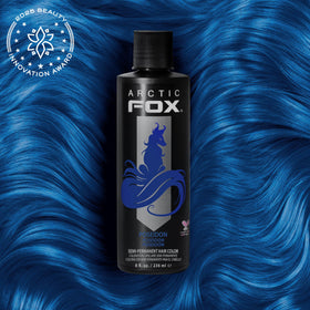 ARCTIC FOX POSEIDON swatch on bleached hair illustrating vivid blue payoff