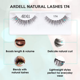 Ardell 174 worn on model showing natural flared effect and eye-opening benefit