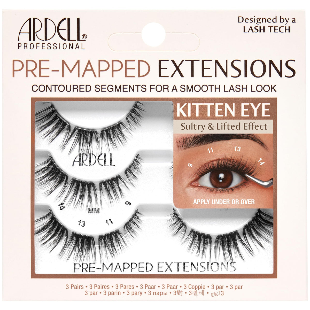 Ardell front packaging showing three pairs and easy kitten-eye styling benefit
