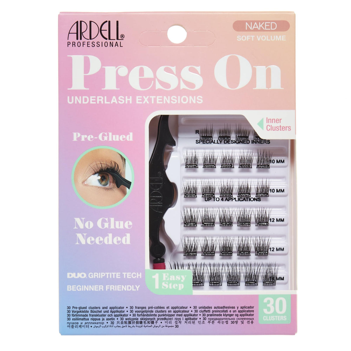 Ardell front packaging showing pre-glued underlash clusters and applicator for convenience
