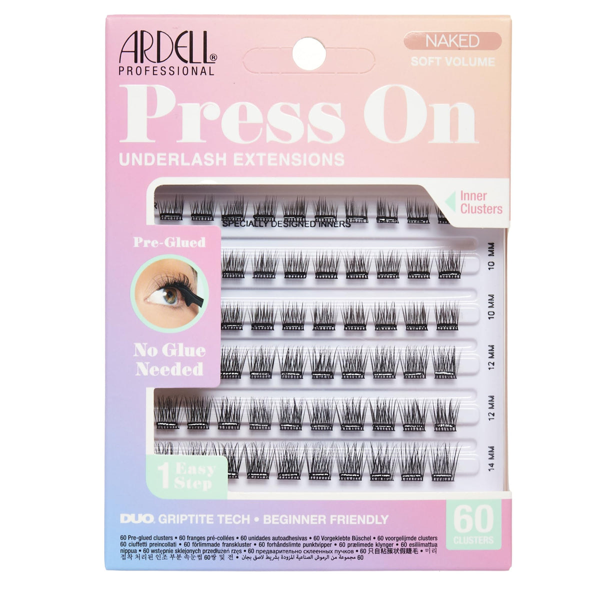Ardell front packaging showing 60 pre-glued underlash clusters for quick application