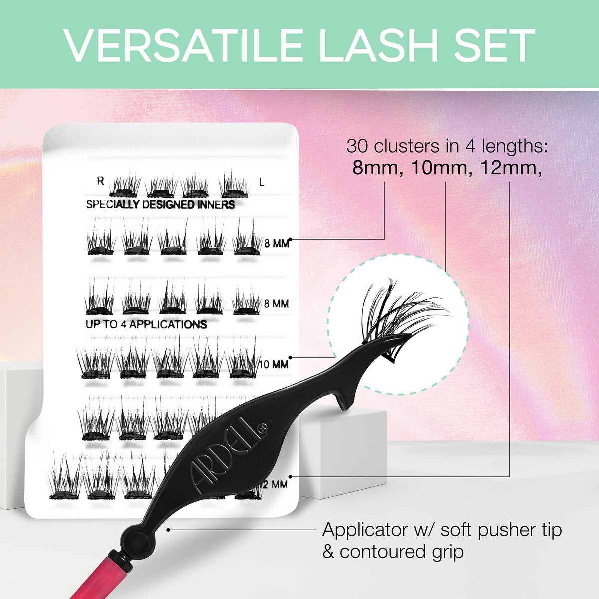 Ardell applicator placing a cluster on lower lashes for fast, mess-free application