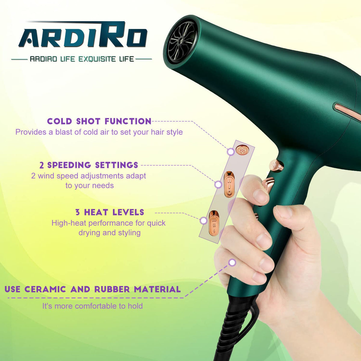 ARDIRO next to a bottle showing 630 g weight and 8.2 ft cord for scale