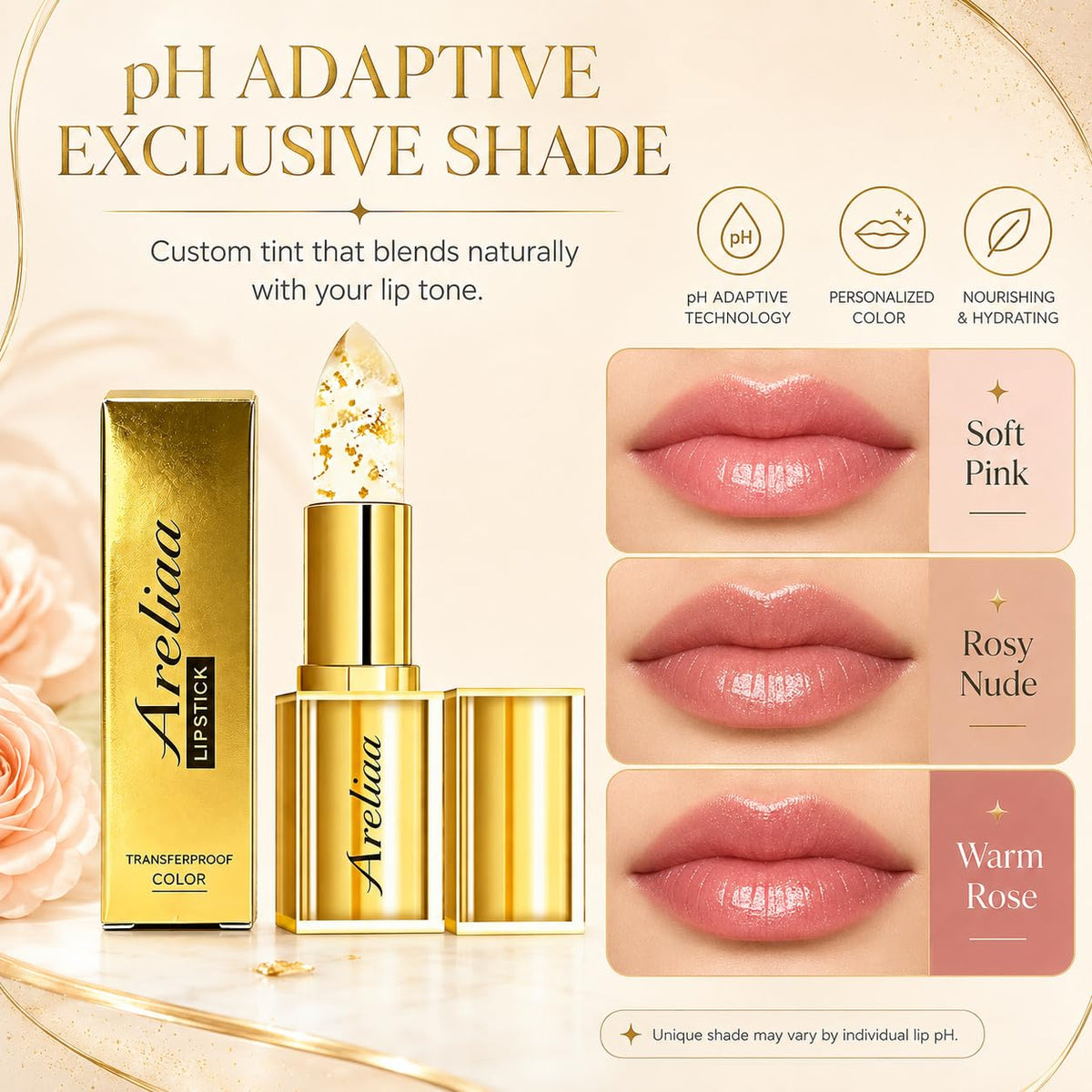 Areliaa in-use lip application on mature lips, demonstrates comfortable even coverage