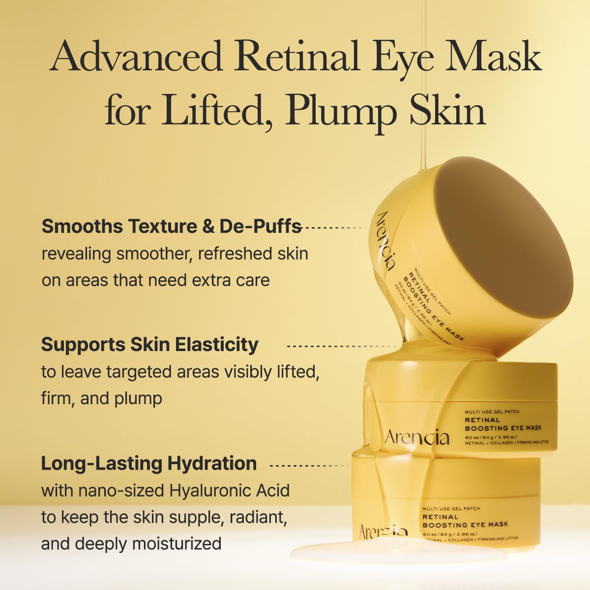 ARENCIA patch applied under-eye showing targeted placement and immediate soothing