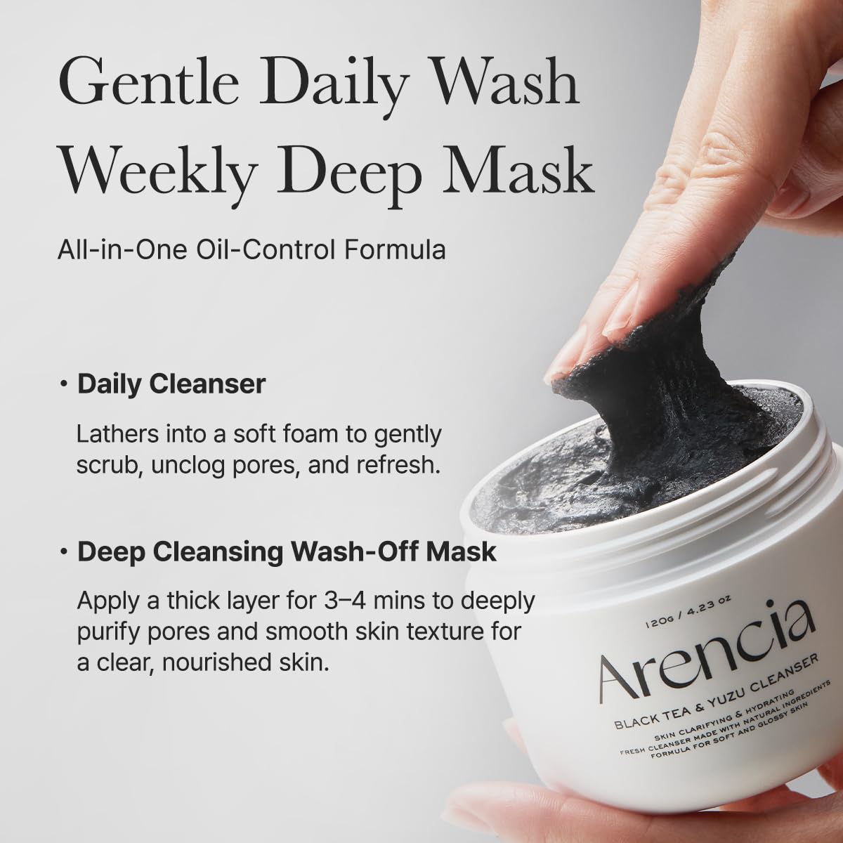 ARENCIA jar staged on bathroom shelf in lifestyle setting promoting routine-friendly storage
