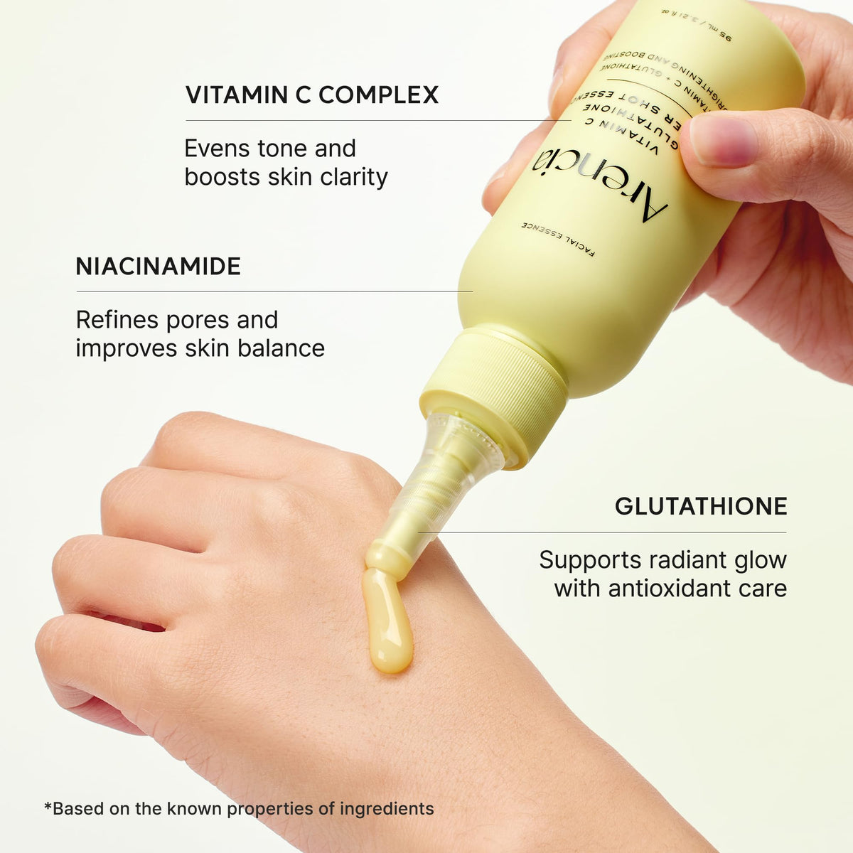 ARENCIA ingredient highlight vitamin C display, emphasizes brightening support