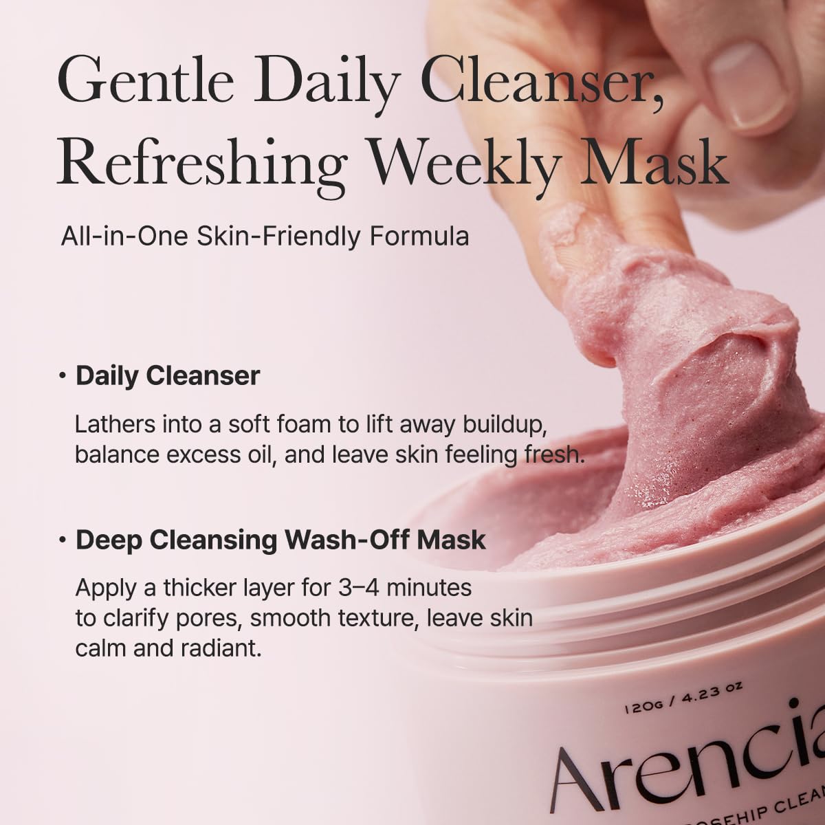 ARENCIA light foam on fingers showing mild lather and comfort