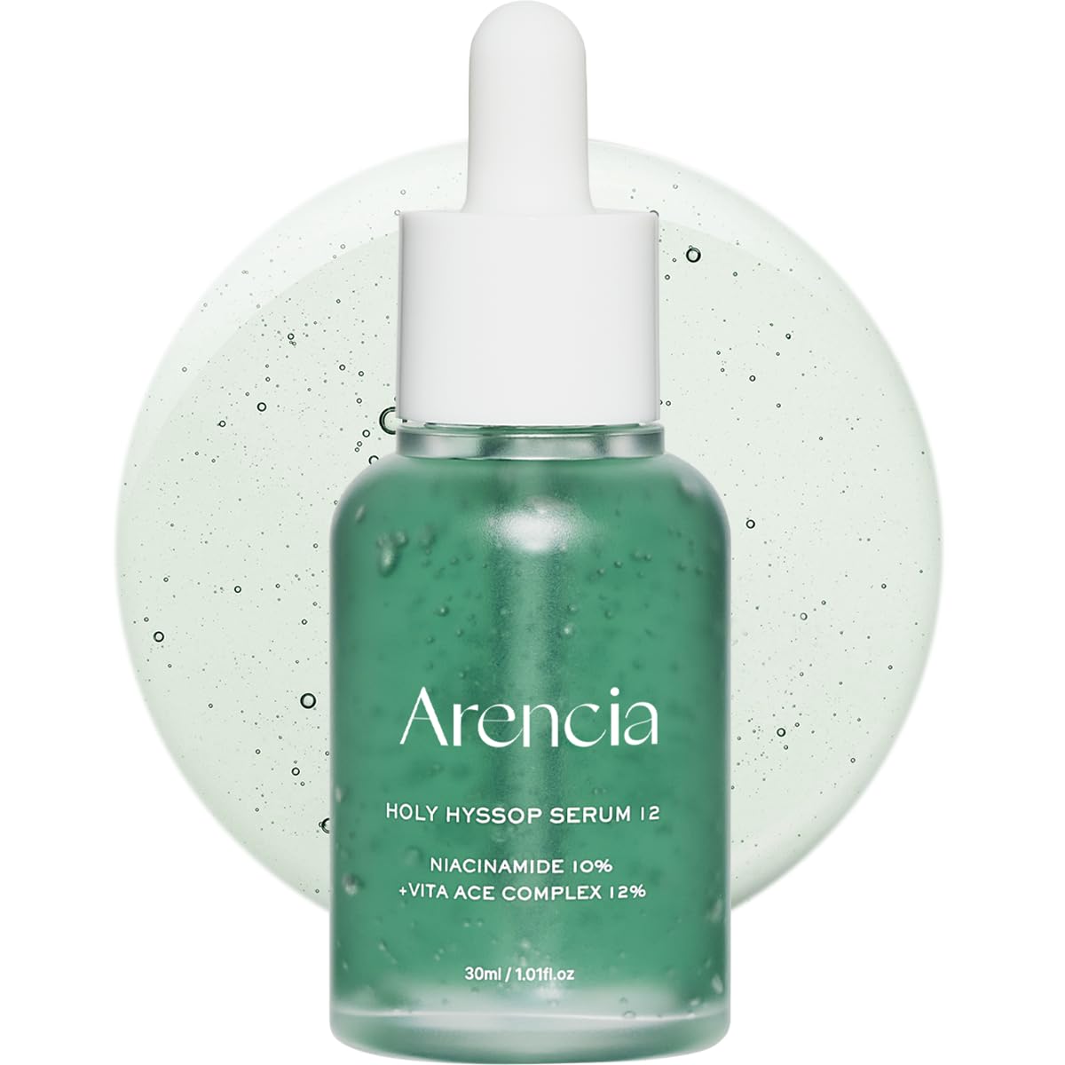 ARENCIA front bottle showing sleek hyssop glow serum packaging and clarity benefit