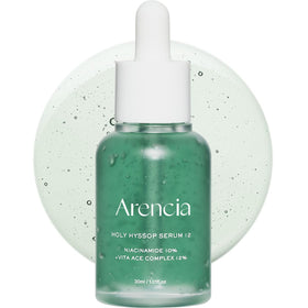 ARENCIA front bottle showing sleek hyssop glow serum packaging and clarity benefit