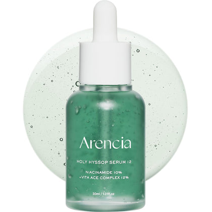 ARENCIA front bottle showing sleek hyssop glow serum packaging and clarity benefit