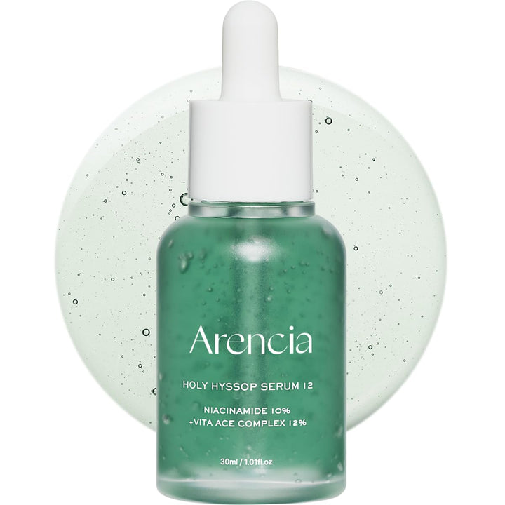 ARENCIA front bottle showing sleek hyssop glow serum packaging and clarity benefit