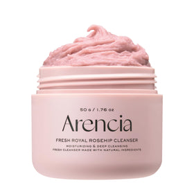 ARENCIA front jar packaging showing compact mochi cleanser, convenient travel benefit