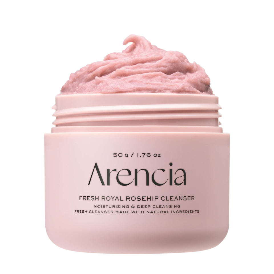 ARENCIA front jar packaging showing compact mochi cleanser, convenient travel benefit