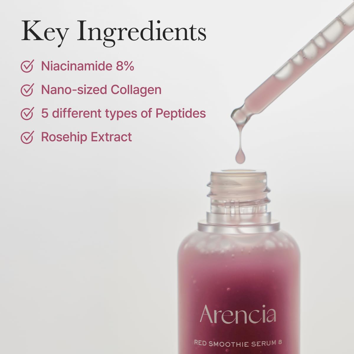 ARENCIA applying serum to cheek demonstrating smoothing and layering benefit