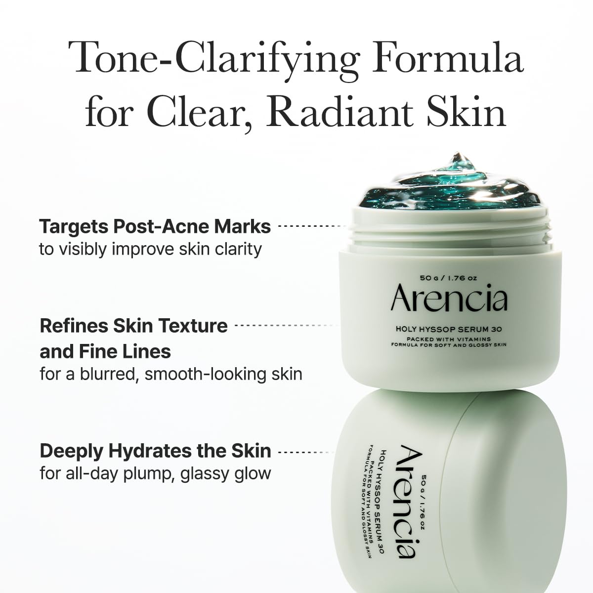 ARENCIA jar open to reveal green serum indicating natural botanical ingredients