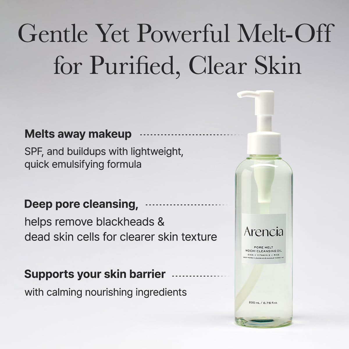 ARENCIA ingredient display with ceramide and cica highlighting soothing support