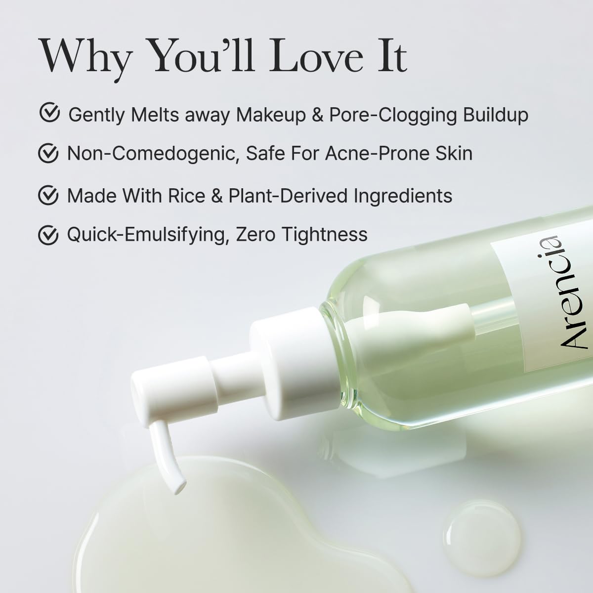 ARENCIA silky oil texture close-up demonstrating smooth glide and gentle cleanse