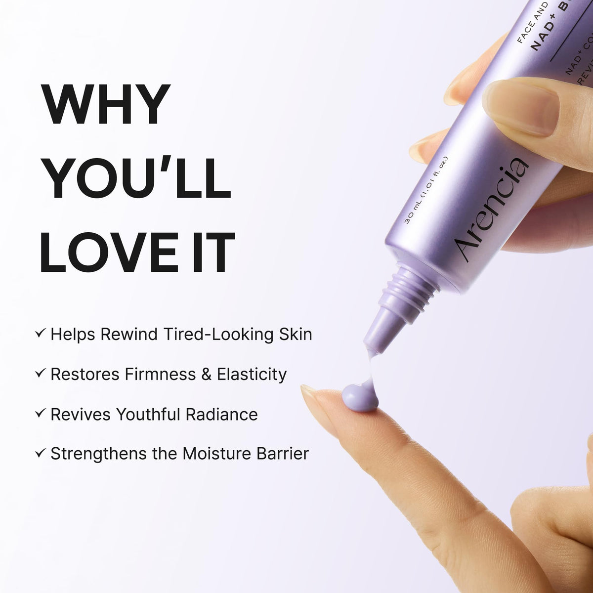 ARENCIA applying serum to hand demonstrating fast-absorbing finish benefit