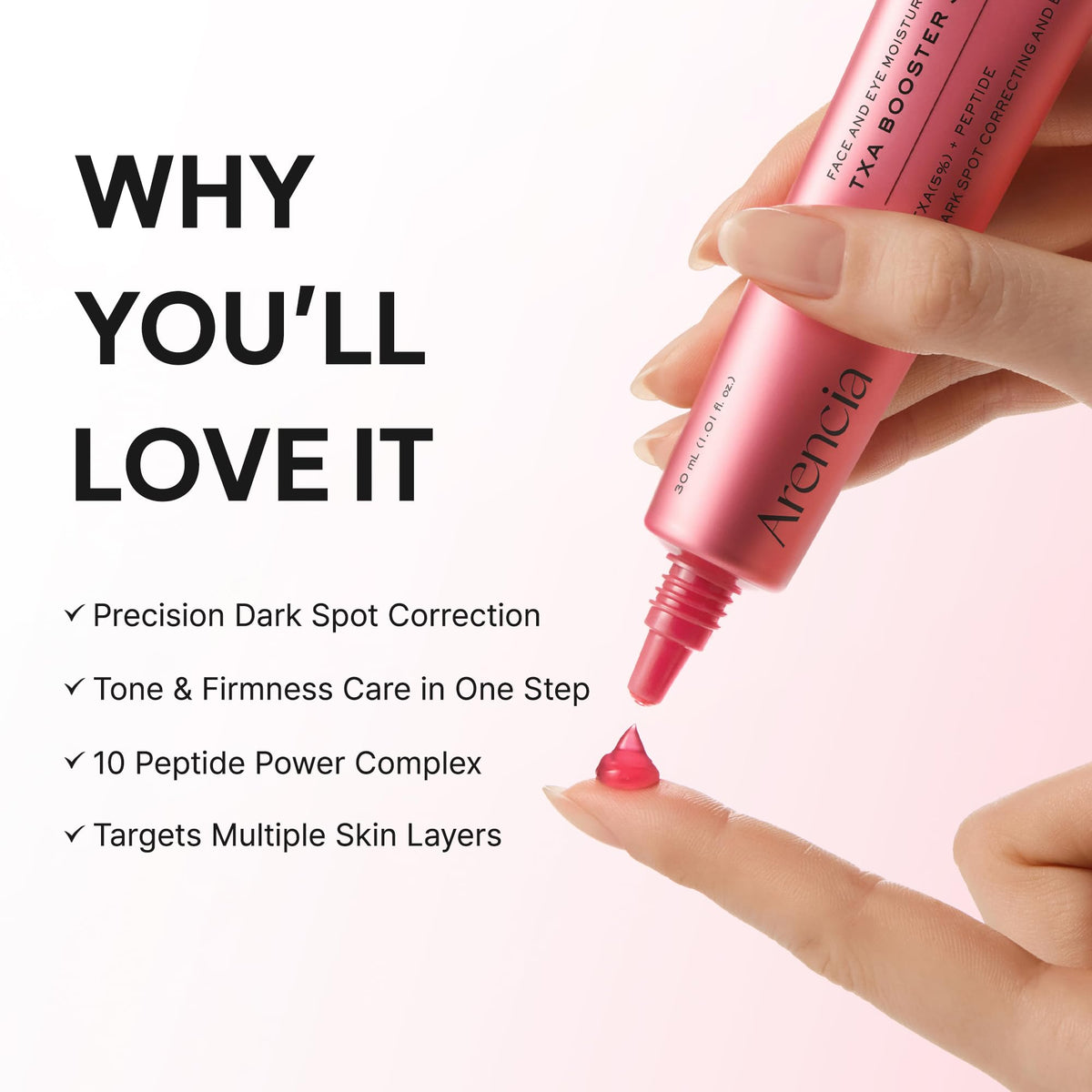 ARENCIA close-up of serum texture on skin, shows lightweight absorption benefit