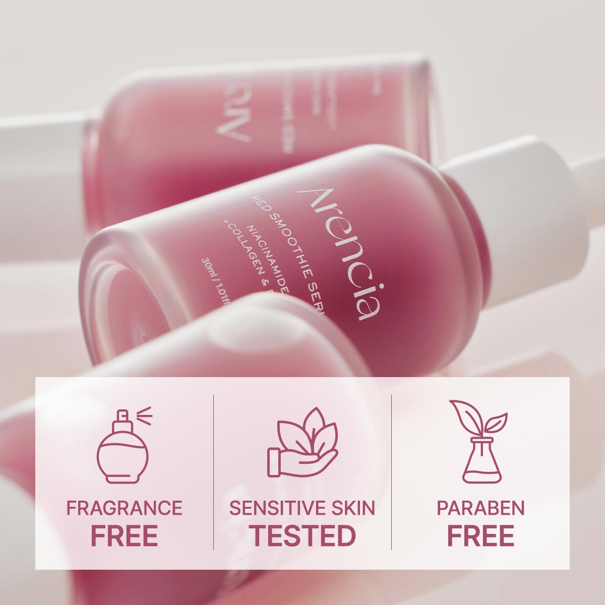 ARENCIA bottle beside coin showing actual product size and travel-friendly benefit