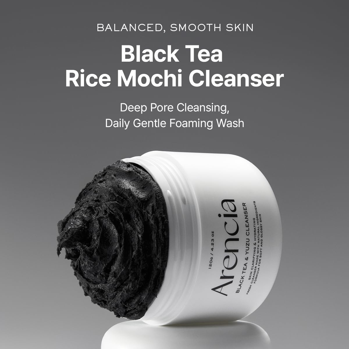 ARENCIA close-up of soft mochi-like texture highlighting gentle exfoliation and silky feel