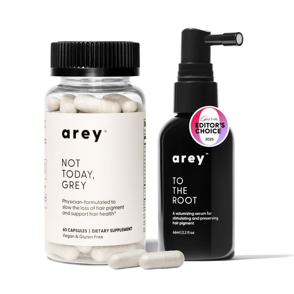 Arey product front packaging showing both serum and supplement benefits