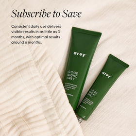 Arey flatlay with recyclable packaging underscoring clean formulation