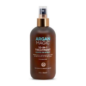 Argan Magic bottle on bathroom counter in lifestyle scene for daily use benefits