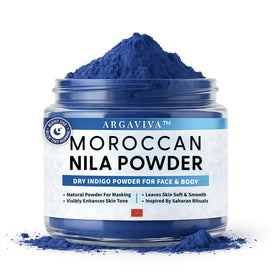 Argaviva front packaging showing clean blue nila powder and brand benefits