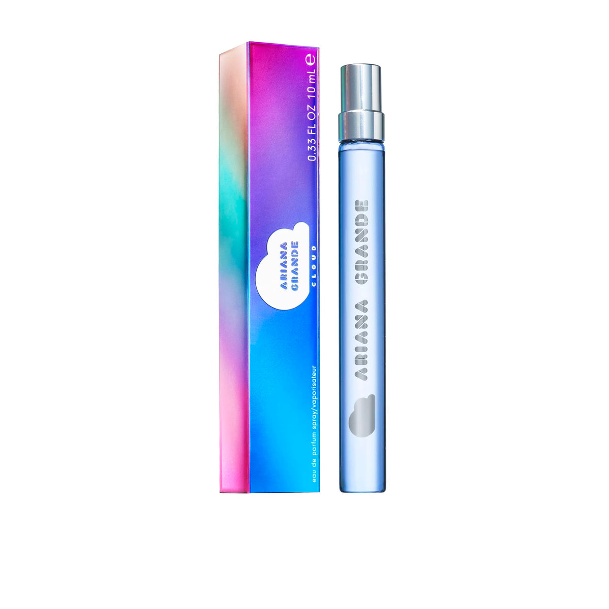 Ariana Grande Cloud front packaging travel spray showing compact bottle and label benefits portability