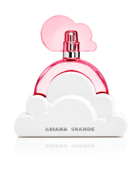 Ariana Grande Cloud Pink front bottle showing size and elegant pink glass, enhances vanity display