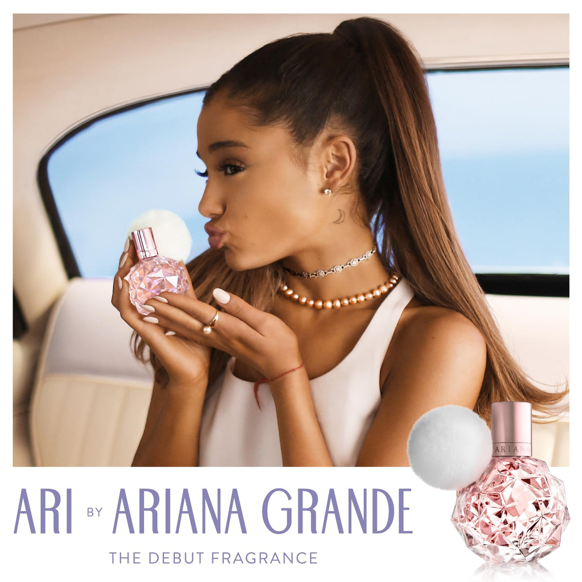 Ariana Grande mist being sprayed on wrist, demonstrating easy refreshing benefit